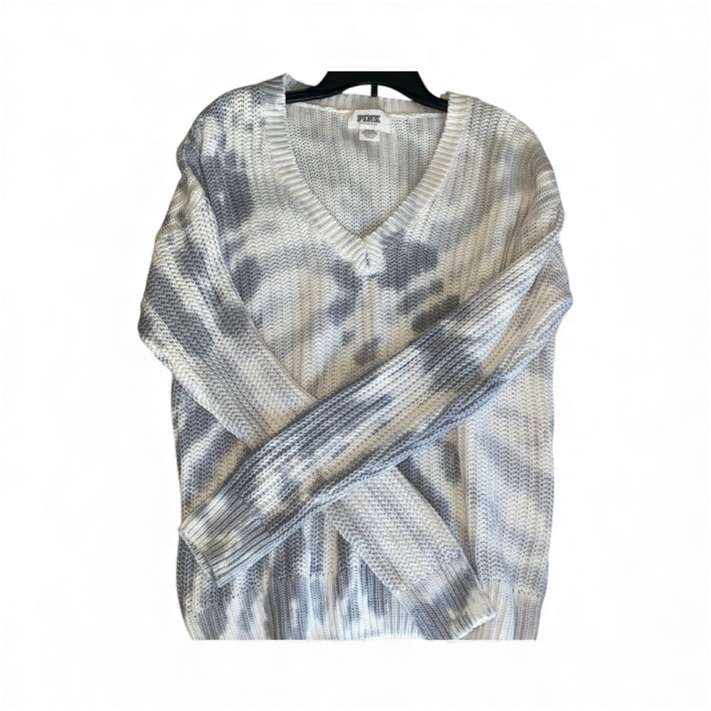 PINK Victoria's Secret Gray Tie-Dye V-Neck Sweater EUC - Picture 2 of 7